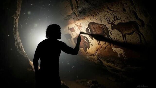 Silhouette of a man depicting animals on a cave wall with a brush. Prehistoric art and ancient civilization concept.