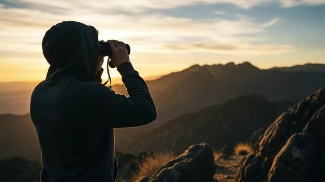 Man looking through binocular at sunset. Exploration with optical instrument to observe distant objects. Adventure and trekking concept.