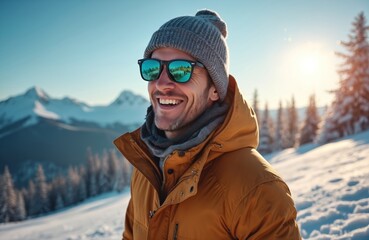 Man with sunglasses smiles warmly at ski resort. Snow-covered mountains and pine trees form background. Enjoying winter vacation, sun shines bright.