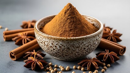 Aromatic spices including cinnamon sticks star anise and ground cinnamon