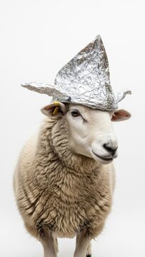 sheep wearing a tinfoil hat, paranoid, paranoia, on a white background, animal photo