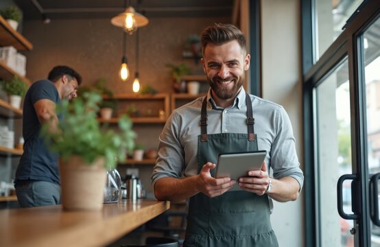 Man owner works cafe using tablet device near window. Smiling man stands behind counter, wearing apron. Staff member prepares order. Pleasant atmosphere interior.