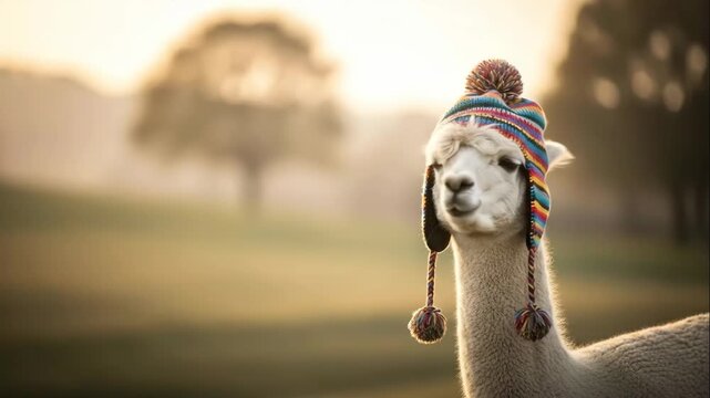 White alpaca wearing a colorful Peruvian chullo hat looking directly at the camera on a sunny landscape background.