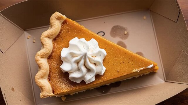 Holiday takeaway pumpkin pie slice with whipped cream dessert close-up
