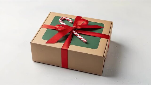 Holiday takeaway gift box with candy cane and red ribbon on white background