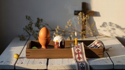 Easter still life with egg, cake, candle, cross, and embroidered towel on wooden table
