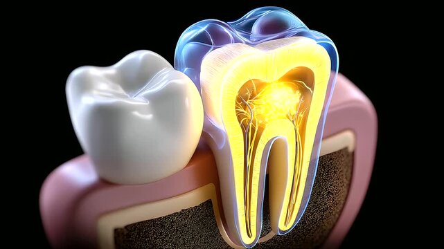 Human tooth anatomy, three-dimensional rendering, dental structure display, oral health visualization, enamel dentin detail, stomatology education tool, clinical dental concept , w