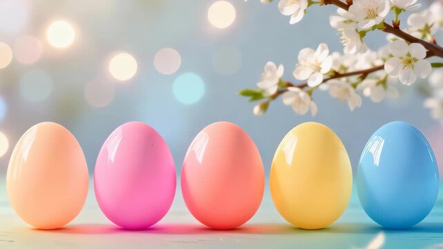 Pastel-colored Easter eggs arranged in a row with blooming spring flowers and bokeh lights in the background