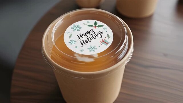 Holiday takeaway cup with festive greeting sticker on wooden table, cozy background