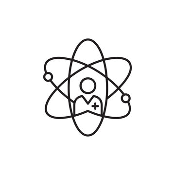 Scientist icon with atom orbit and person silhouette black and white science line vector illustration
