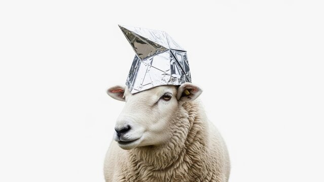 sheep wearing a tinfoil hat, paranoid, paranoia, on a white background, animal photo