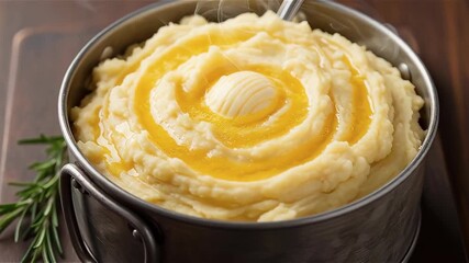 Smooth and creamy mashed potatoes topped with golden melted butter, warm comfort food for holiday takeaway meals, cozy and delicious - Powered by Adobe