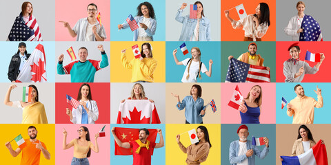 Collage of many people with different flags on color background