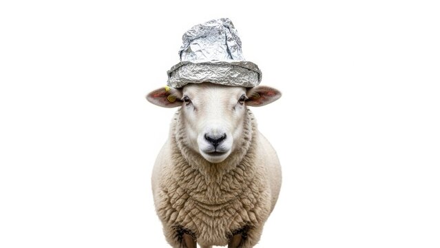 sheep wearing a tinfoil hat, paranoid, paranoia, on a white background, animal photo