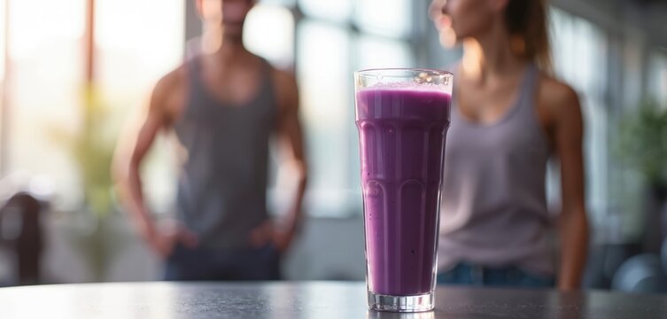 Tall glass of purple smoothie drink sits on gym counter. Blurred man and woman fitness enthusiasts stand in background. Refreshing post workout beverage.