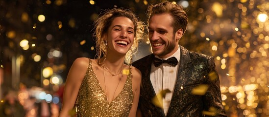 Elegant couple celebrating the Christmas holidays on a gold background