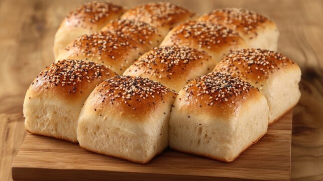 A collection of freshly baked square bread rolls topped with seeds on a wooden surface