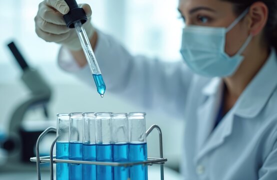 Researcher in lab coat and face mask adds blue liquid to test tubes with pipette. Microscope visible. Medical science experiment and analysis.