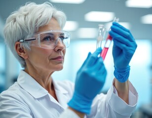 Female scientist examines test tubes with red liquid. Mature woman in lab coat wearing protective glasses and blue gloves. Medical research in science laboratory investigates medicine and healthcare.