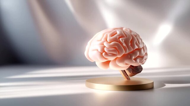Minimalist brain model, three-dimensional rendering, soft shadow effect, clean design aesthetic, neural anatomy display, medical education visual, simple healthcare concept , with
