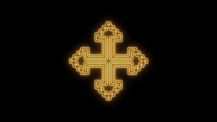 Intricate golden yellow neon cross glowing brightly on a dark black background, representing faith, spirituality, and divine light with a modern digital design for religious concepts