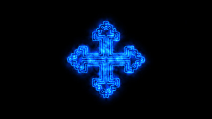 A vibrant blue neon glowing cross with an intricate digital circuit board pattern, symbolizing faith, technology, and modern spirituality on a dark background