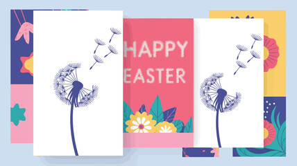 Happy easter greeting card with dandelion seeds blowing in the wind and floral elements