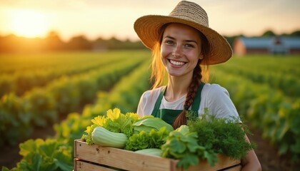 Smiling young woman farmer holds wooden box with fresh organic produce. Wears straw hat, green apron. Farm worker gathered various green vegetables in crate after harvest from sunny field under