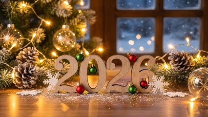 Bright festive 2026 greeting scene, snowflakes, warm fairy lights, decorated Christmas elements, realistic reflections, holiday celebration mood