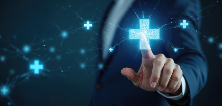 Businessman touches digital plus symbol. The finger makes contact with a glowing sign. Concept of financial growth investment health benefit. Modern business concept