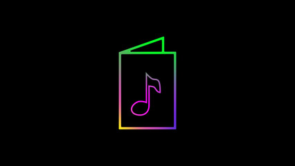 Vibrant neon gradient outline of an open book icon with a stylized musical note symbol on a sleek black background, representing music and entertainment.