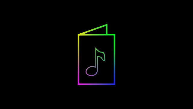 Vibrant colorful neon gradient outline illustration of an open book or folder with a musical note symbol, representing music, creativity, and learning.