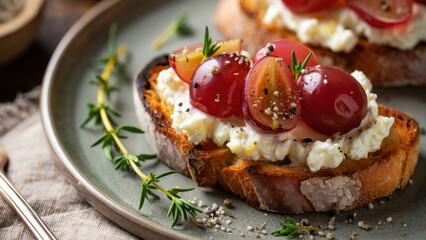 Pickled grapes on ricotta toast, vinegar brine crostini appetizer, glossy garnish with cracked pepper, herb sprigs on rustic plate, cheese board snack, tangy sweet topping, closeup detail