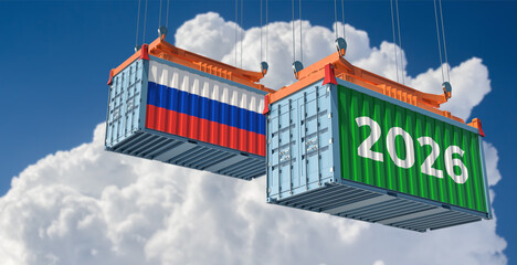 Trading 2026. Freight container with Russia national flag. 3D Rendering 