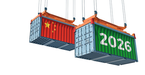 Trading 2026. Freight container with China national flag. 3D Rendering 