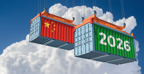 Trading 2026. Freight container with China national flag. 3D Rendering 