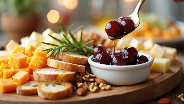 Sweet pickled grapes served with assorted cheeses, nuts, and baguette slices on a festive charcuterie board, closeup of honey-drizzled grapes as elegant appetizer for holiday gatherings wine pairings - Powered by Adobe