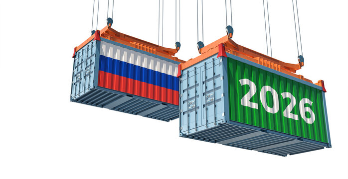 Trading 2026. Freight container with Russia national flag. 3D Rendering 