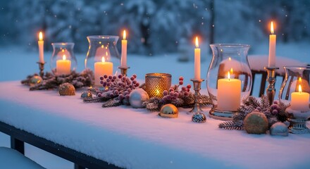 Candlelit winter table setting in snow covered outdoor landscape