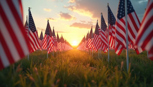 Rows of American flags stand in a field. The sun sets behind the flags creating a patriotic, memorial scene. Symbol of freedom and national pride in the United States.