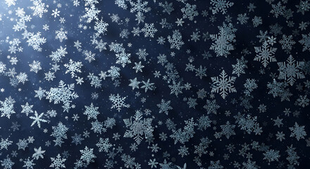Dark blue winter night background with densely falling photorealistic silver white snow crystals creating intense seasonal atmosphere
