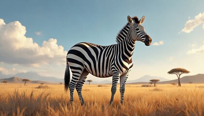 Naklejka premium African zebra stands in dry savanna grass, facing camera. Acacia trees dot landscape under blue sky with clouds. Wide plains and distant mountains form backdrop, showing wild nature.