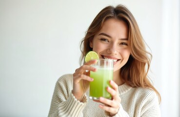 Young woman enjoys lime juice. She smiles holding glass with refreshing drink. Beautiful girl drinks beverage smiling. Healthy lifestyle concept with green juice.