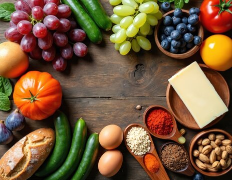 Assorted fresh raw foods on wooden table with cheese eggs nuts. Includes grapes tomatoes cucumbers blueberries figs and bread. Healthy meal ingredients for cooking. - Powered by Adobe