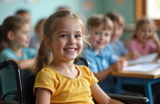 Young girl in wheelchair smiles in classroom. Kids learn together with diverse classmates. Children engage happily in school activities. Inclusive education promotes friendship and learning. - Powered by Adobe