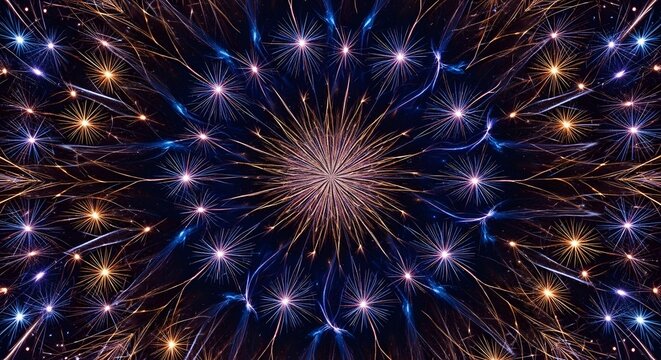 Kaleidoscopic light burst with dark blue and gold hues