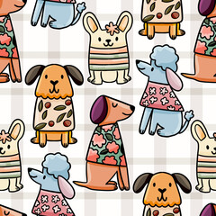 Seamless pattern with cute illustrated dogs wearing floral sweaters and pastel outfits in a playful childroom nursery style for kids crafts textiles and wallpapers