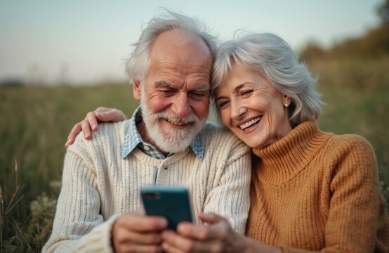 Happy elderly couple in field looking at smartphone together. Woman leans on man shoulder, both smiling. Seniors use mobile device in nature, enjoying time outdoors.