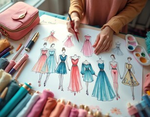 Designer works on fashion sketches. Woman draws dresses with pen on paper at workplace. Sketches and color samples on table. Fashion design process. Creativity and art.