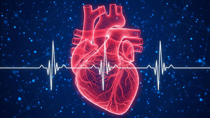 Red wireframe human heart with white electrocardiogram line on dark blue background anatomy medical